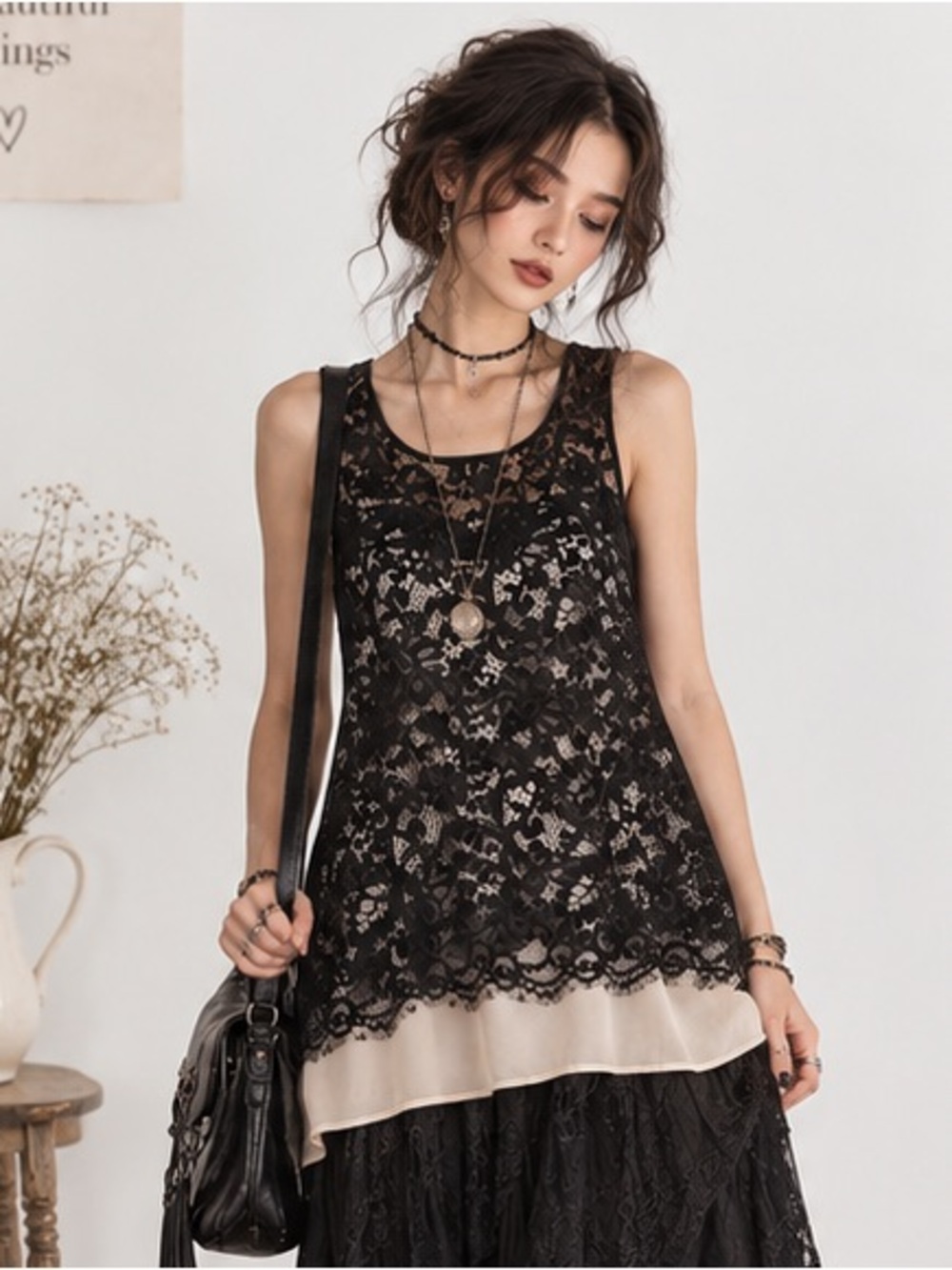 Karen Kane Black Floral Lace & Cream White Whimsy Romantic Sleeveless Top XSmall